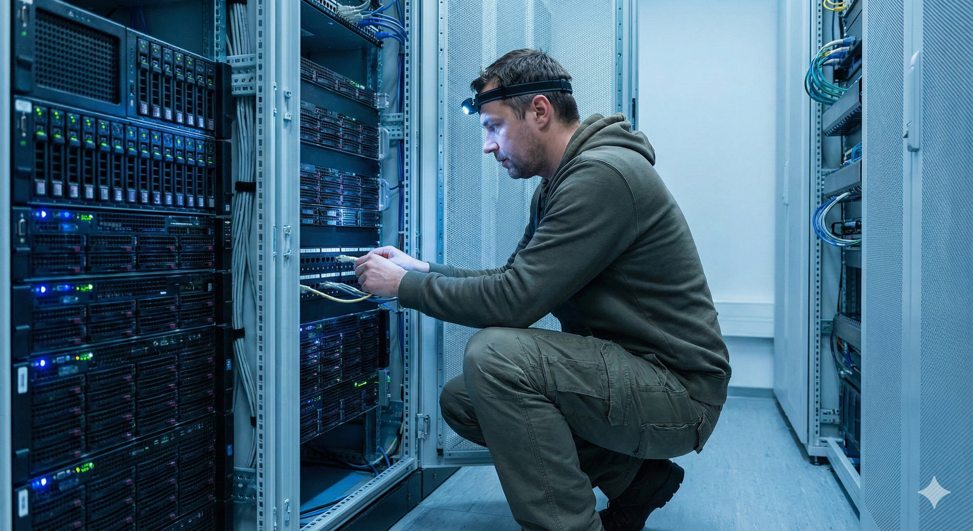 H&auml;nde arbeiten an Netzwerk-Verkabelung